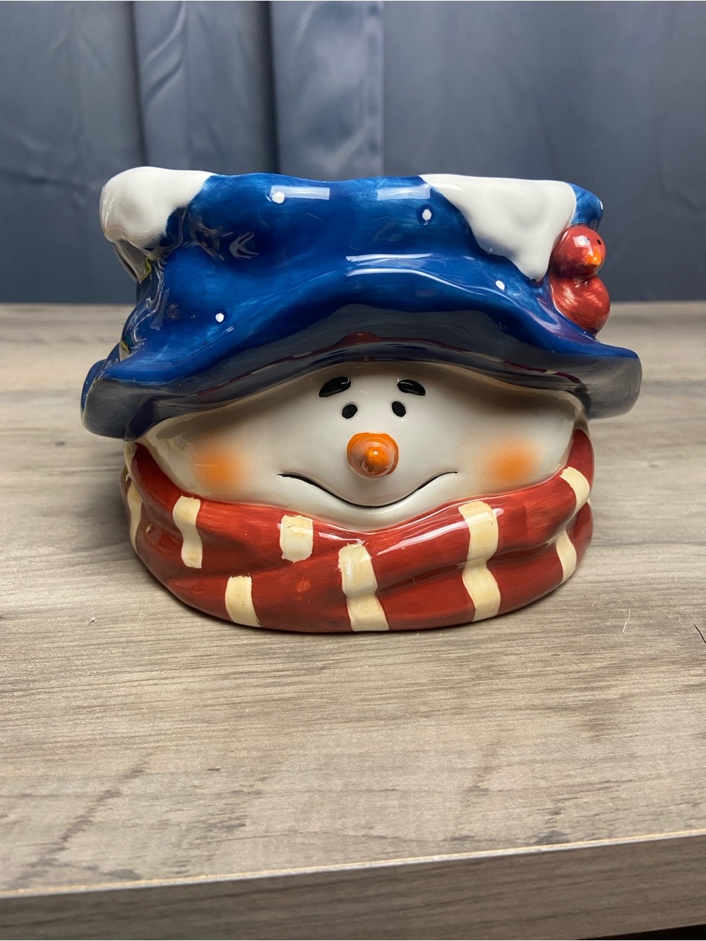 Ceramic Snowman Head Planter, or Gift Holder - Blue Hat,‎ Red Scarf